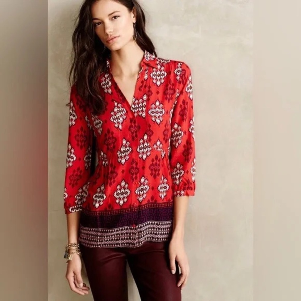 Anthropologie Maeve Woodland Walk Red Purple Southwestern Button Blouse Size 12